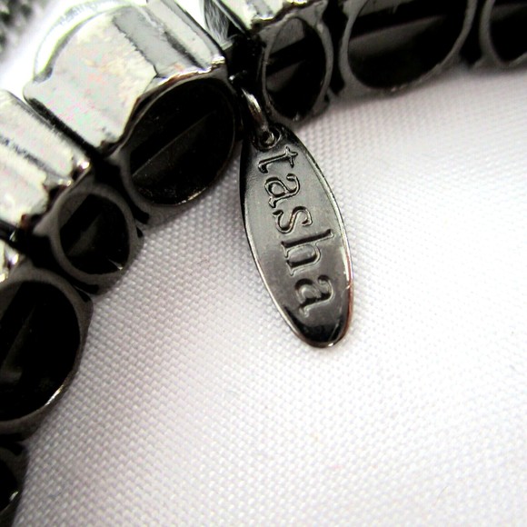 6  Metal Bangle Bracelets Stack Lot Textured Dark Gunmetal Grey Crystal Metal - Picture 4 of 5